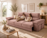 sofá chaiselongue zaniah rosa con asientos deslizantes abiertos y niños sentados ambiente salón