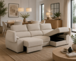 kiss sofá chaiselongue con asientos deslizantes, arcones y chaiselongue deslizante en Puerto de Sagunto, en ambiente salón moderno y tapizado beige