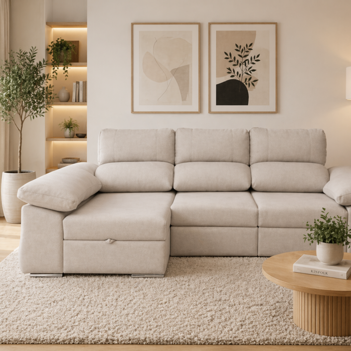 sofá chaiselongue mara beige en salón ambiente nórdico