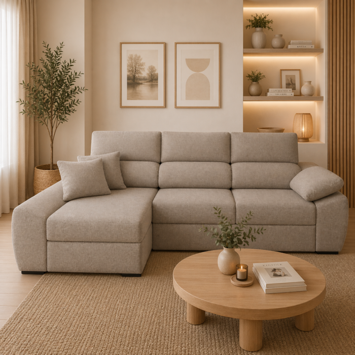 oferta sofá chaiselongue mara color taupé en salón ambiente nórdico