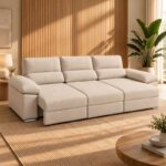 mara sofá lineal con asientos deslizantes abierto en ambiente salón nórdico. Sofa en oferta en Puerto de Sagunto, Valencia y Castellón.