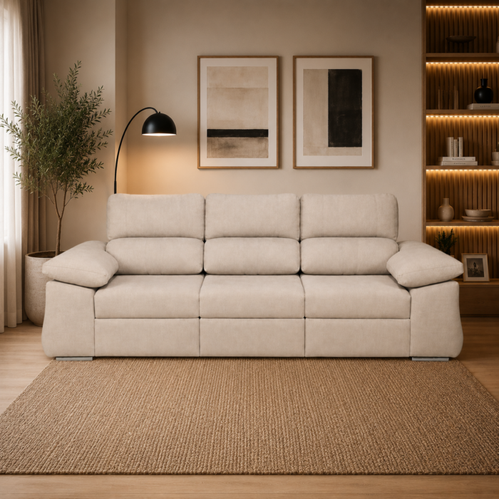 sofa lineal mara tapizado atenea beige en salón ambiente