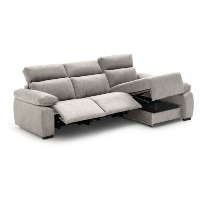 sofá chaiselongue rem asientos motorizados , con arcón en chaiselongue. Vista lateral con asientos y chaiselongue abierto